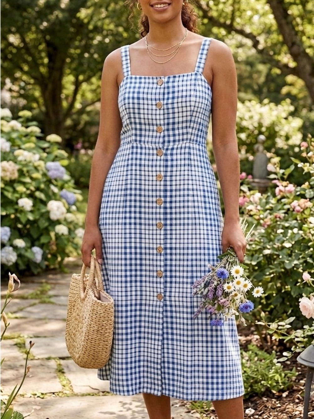 Mango Blue and White Gingham Button-Front Sundress 4